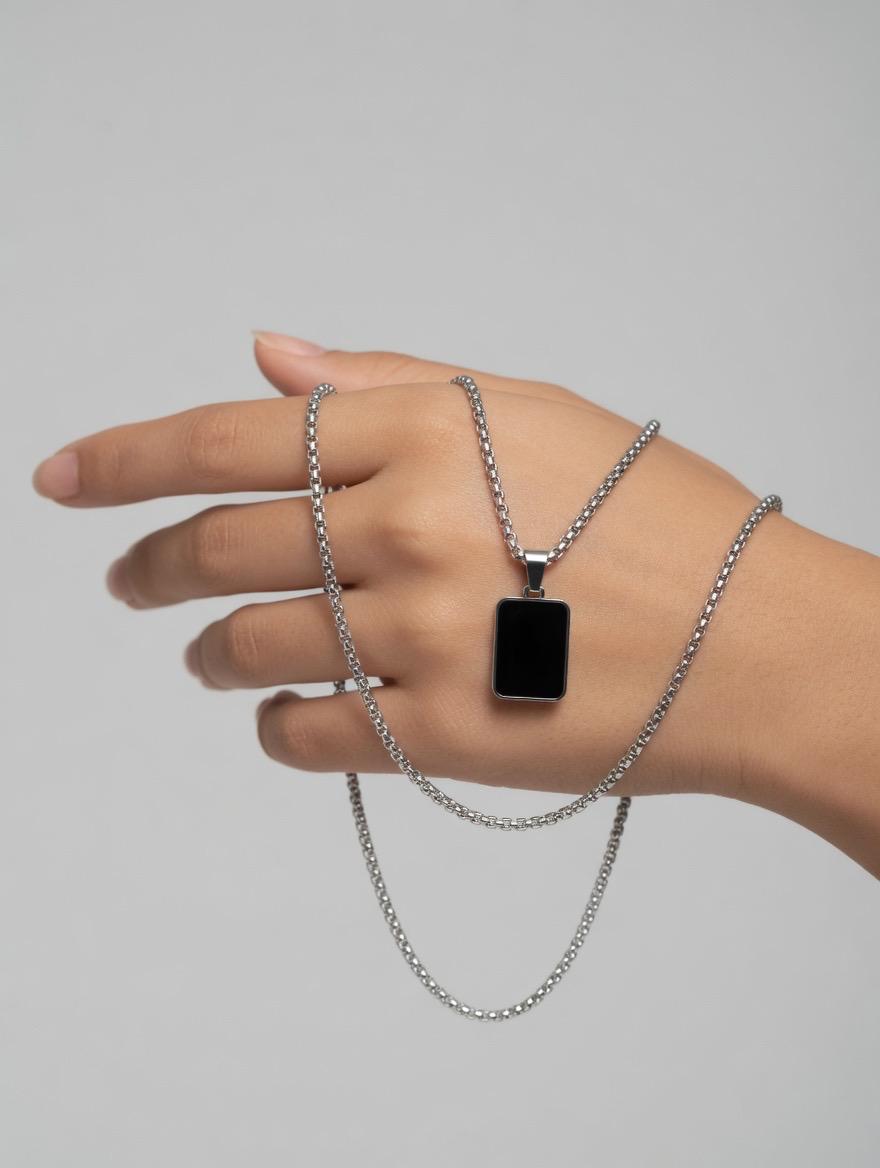 Modern Black Rectangular Pendant Necklace with Silver Chain