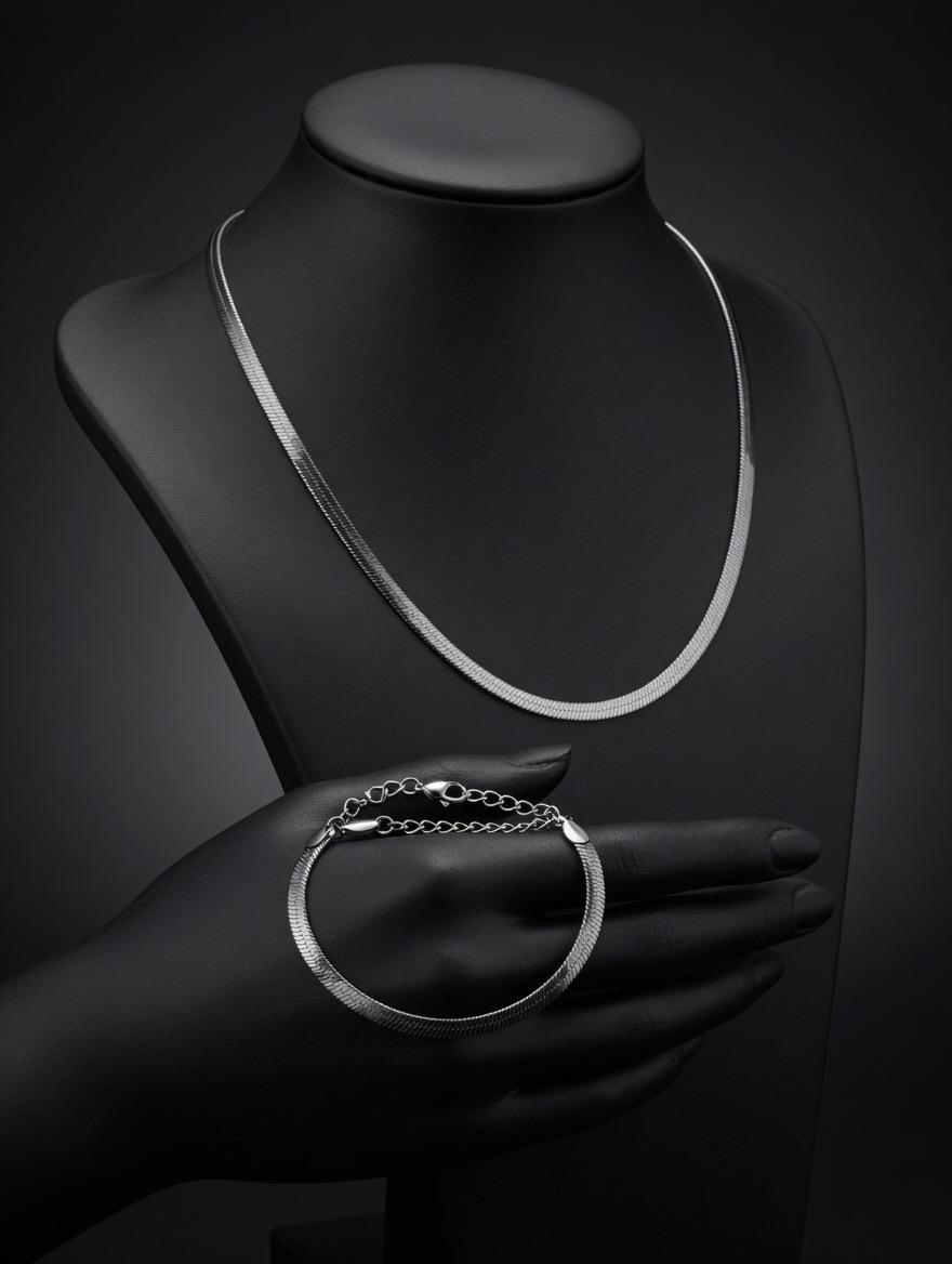 Elegant Silver Flat Link Chain Necklace & Bracelet Set – Minimalist Matching Jewelry Set
