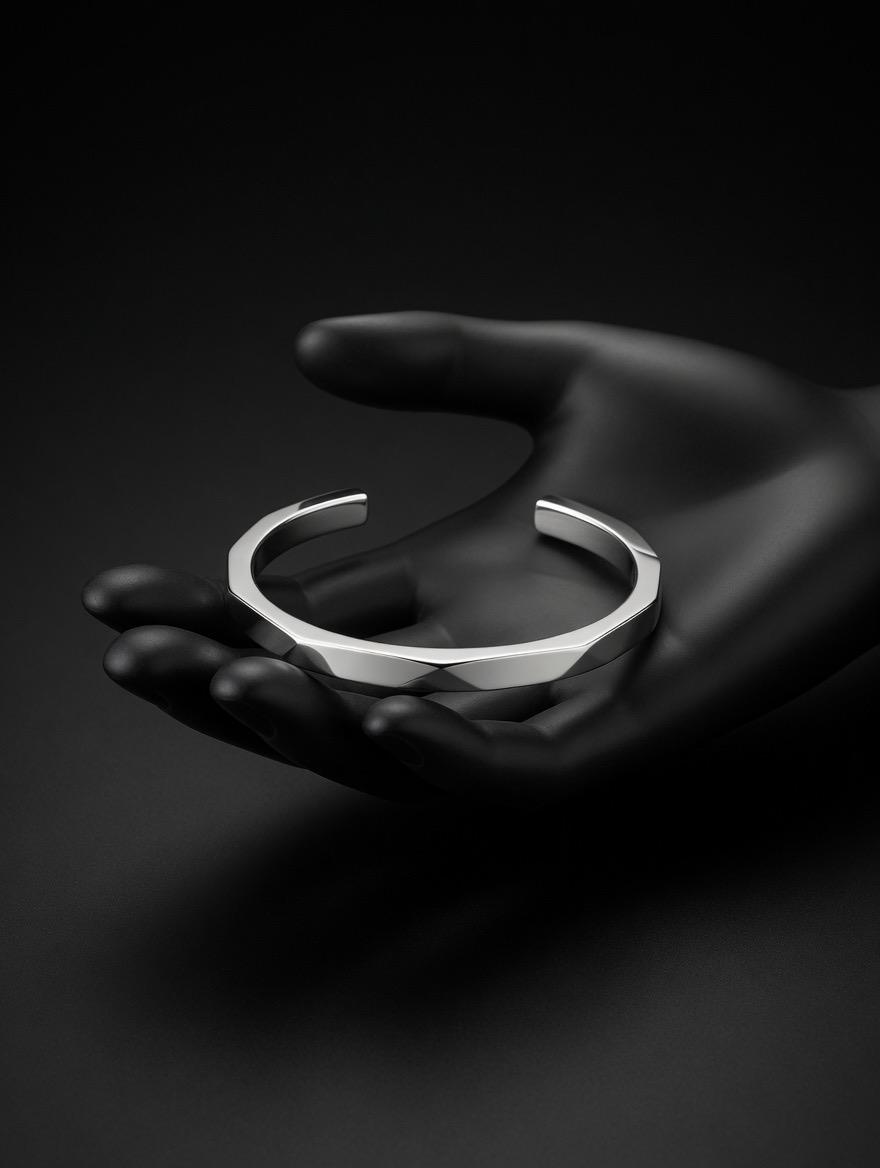 Minimalist Geometric Open Cuff Bracelet for Men (Silver & Black)