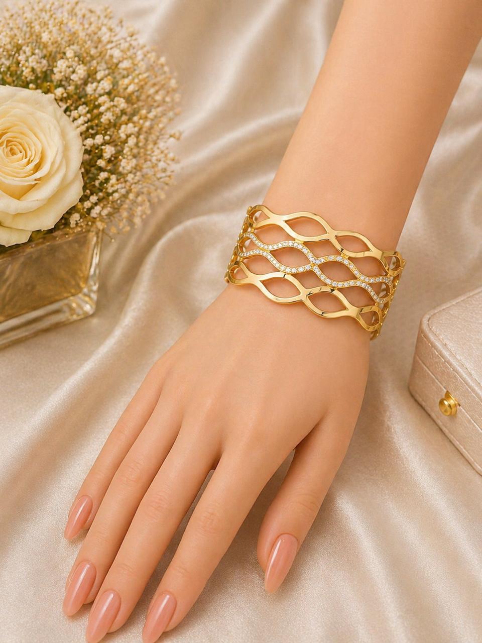 Elegant Gold Lattice Crystal Cuff Bracelet