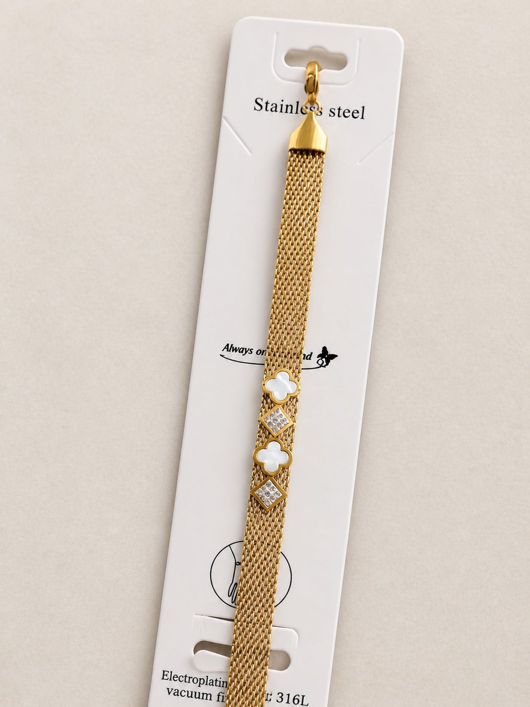 Luxury Gold Mesh Bracelet with Floral Charms & Crystal Accents