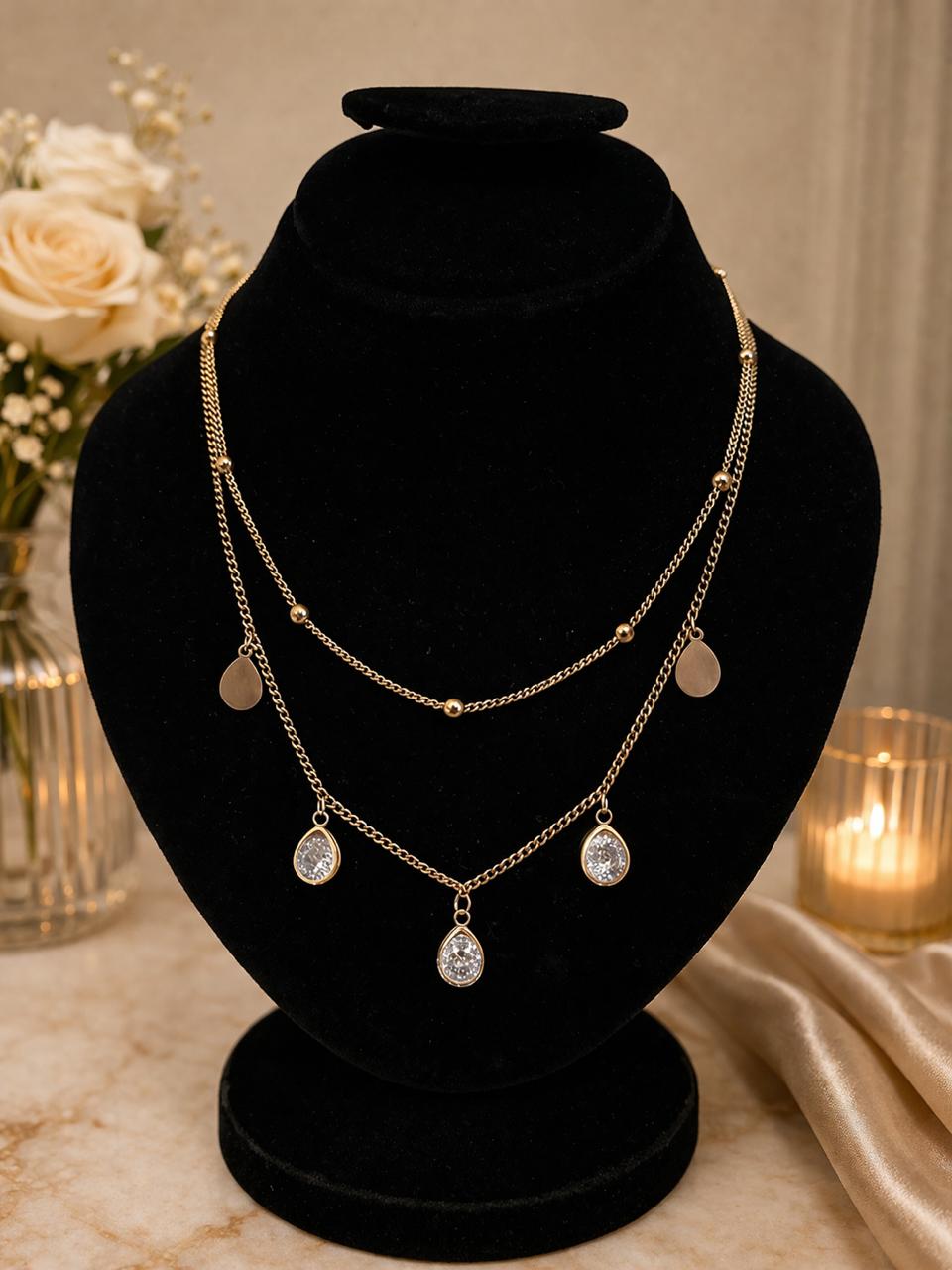 Elegant Layered Gold Multi-Chain Crystal Drop Necklace