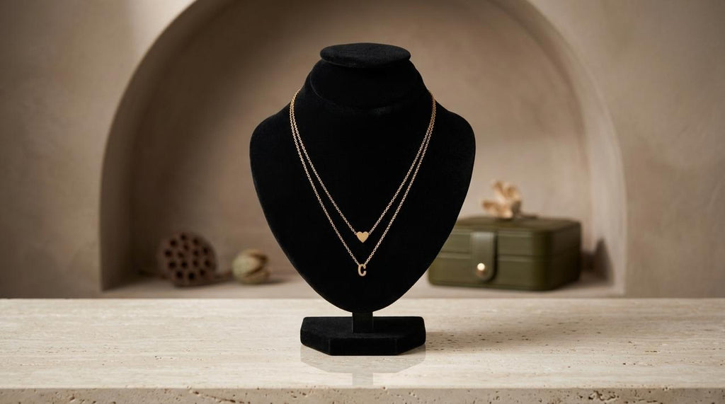 Layered Gold Heart & Initial “C” Pendant Necklace Set for Women