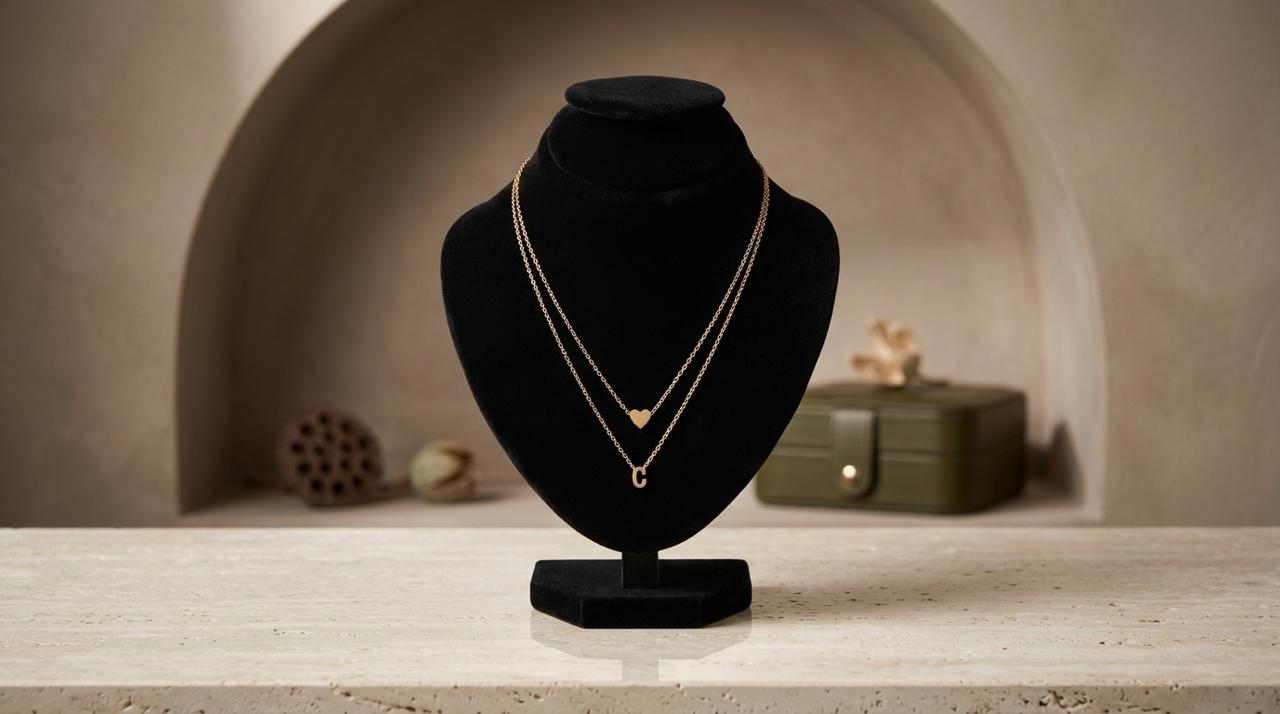 Layered Gold Heart & Initial “C” Pendant Necklace Set for Women