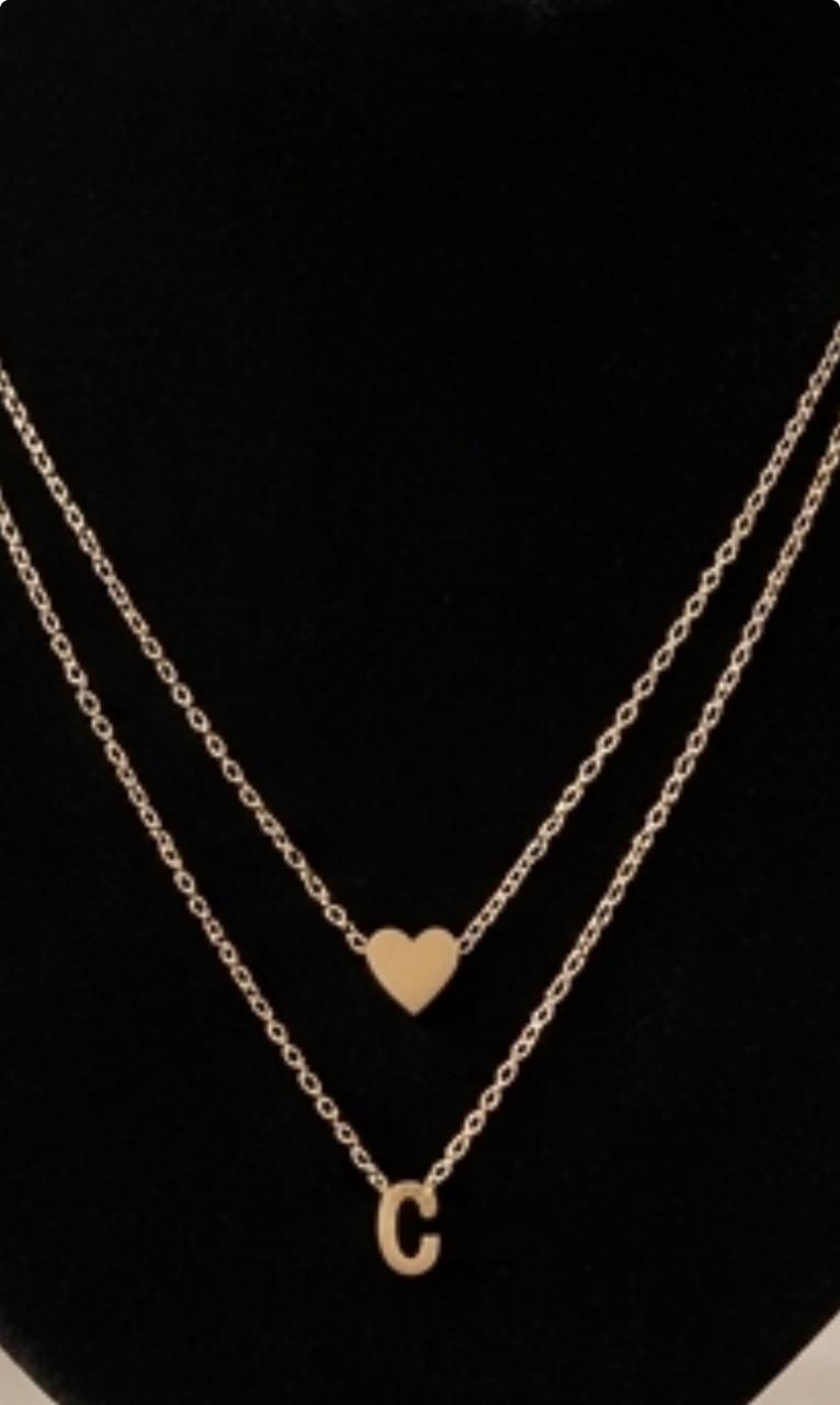 Layered Gold Heart & Initial “C” Pendant Necklace Set for Women
