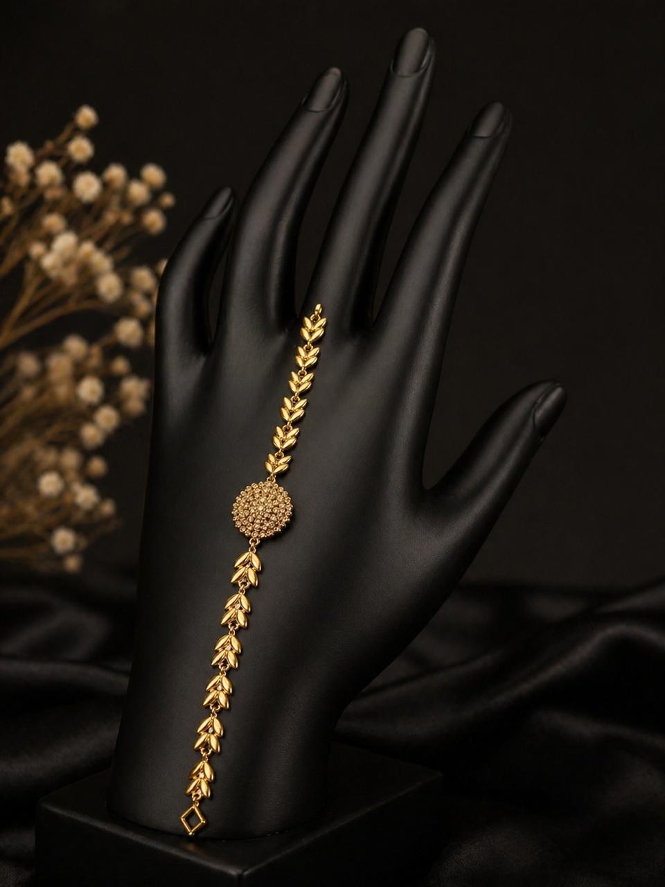 Elegant Gold Hand Chain Bracelet with Leaf Design & Statement Charm