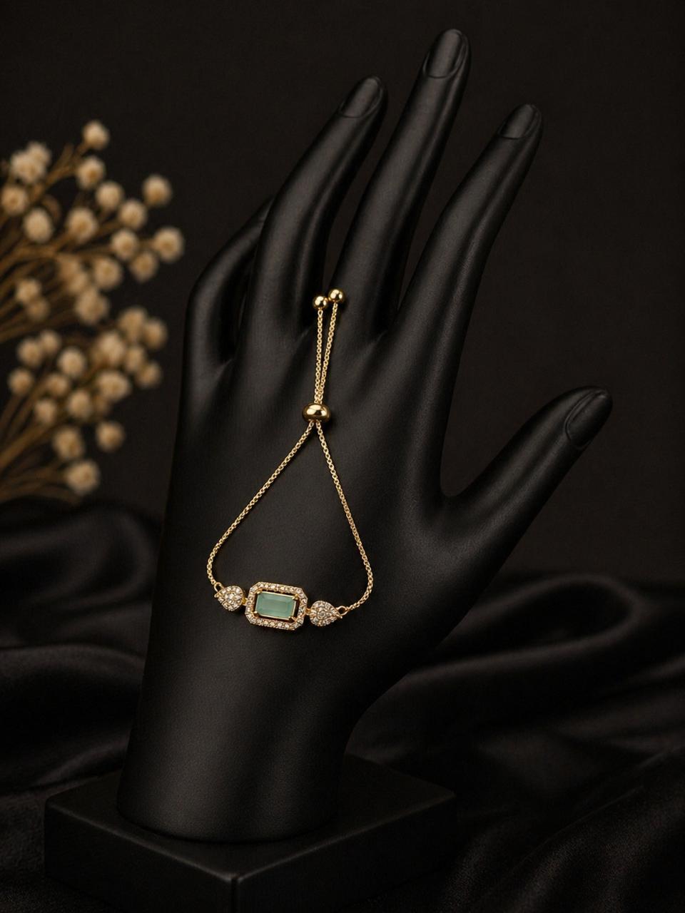 Elegant Light Green Stone Gold Hand Chain Bracelet
