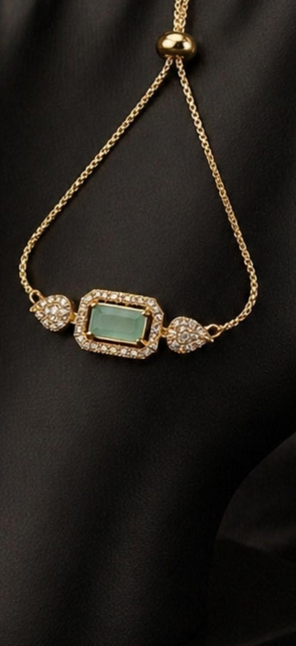 Elegant Light Green Stone Gold Hand Chain Bracelet