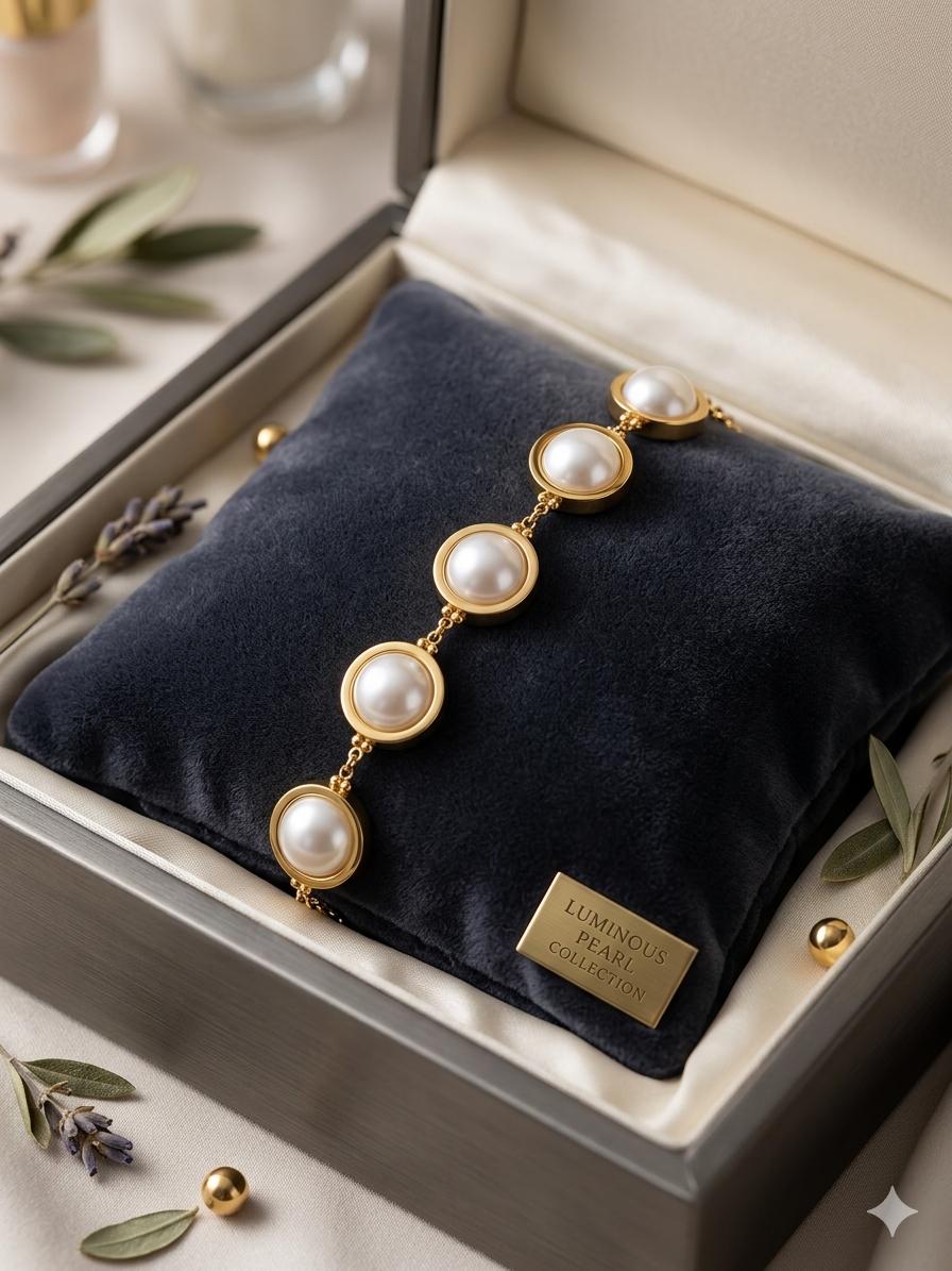 Luminous Pearl Gold Link Bracelet – Elegant Classic Jewelry