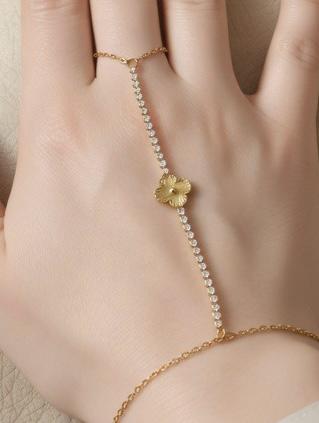 Elegant Gold Hand Chain Bracelet with Floral Charm