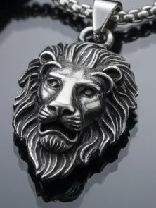 Men’s Lion Head & black head Pendant Necklace – Silver Strength Symbol Chain