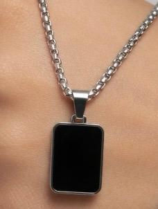 Modern Black Rectangular Pendant Necklace with Silver Chain