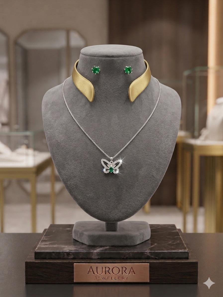 Elegant Butterfly Crystal Pendant & Earrings Jewelry Set green colour