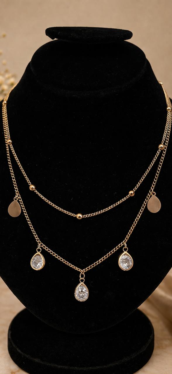 Elegant Layered Gold Multi-Chain Crystal Drop Necklace